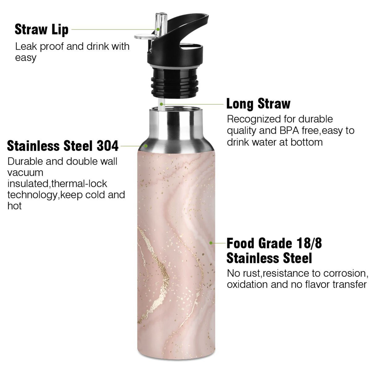 Pink Marble Stainless Steel Insulated Water Bottle with Straw Lid B496