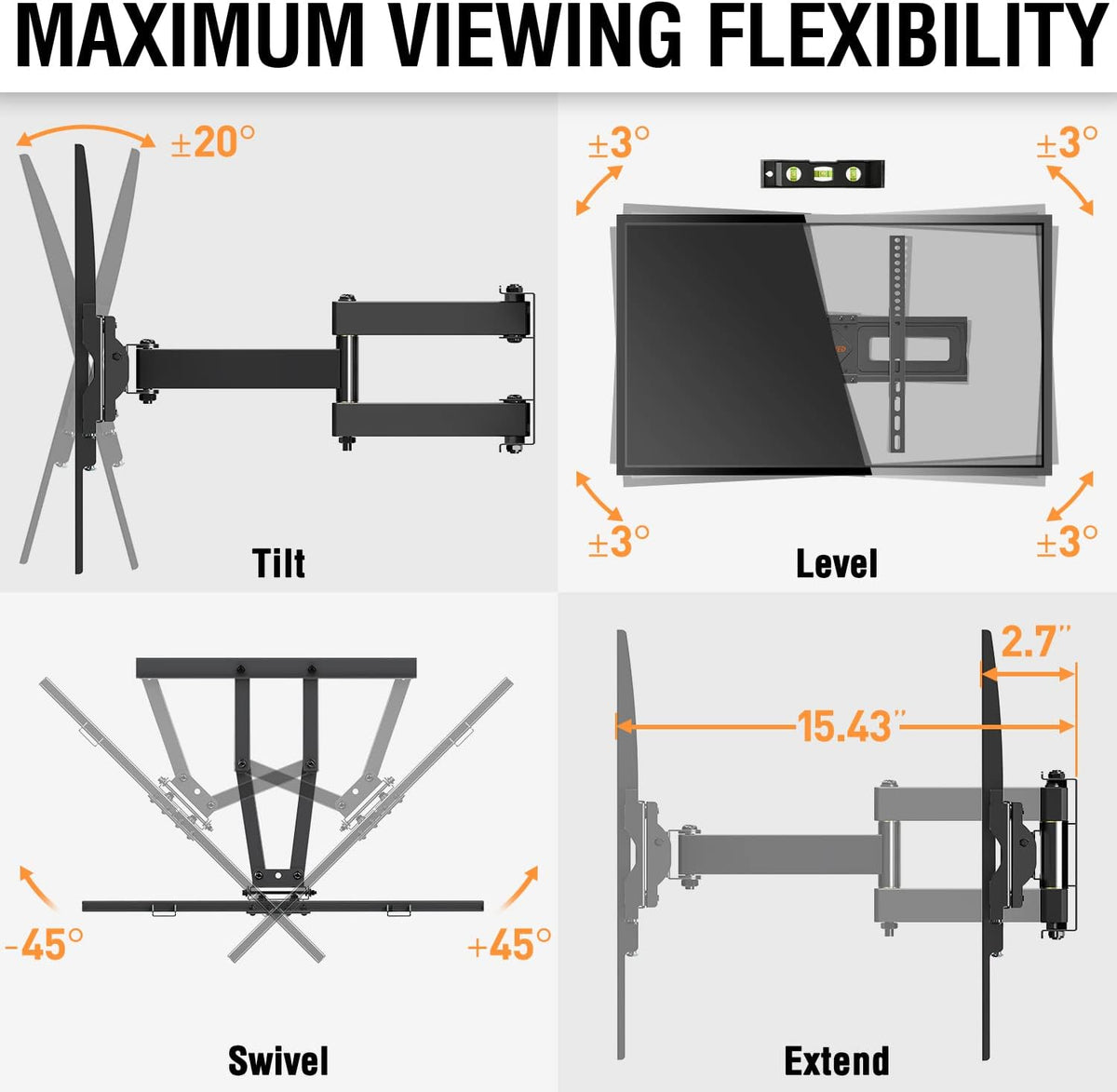 TV Wall Mount for 37-75 Inch Flat Screen TVs, Swivel and Tilt Full Motion, Max VESA 600x400mm, 99 lbs, Pack of 2 B8495