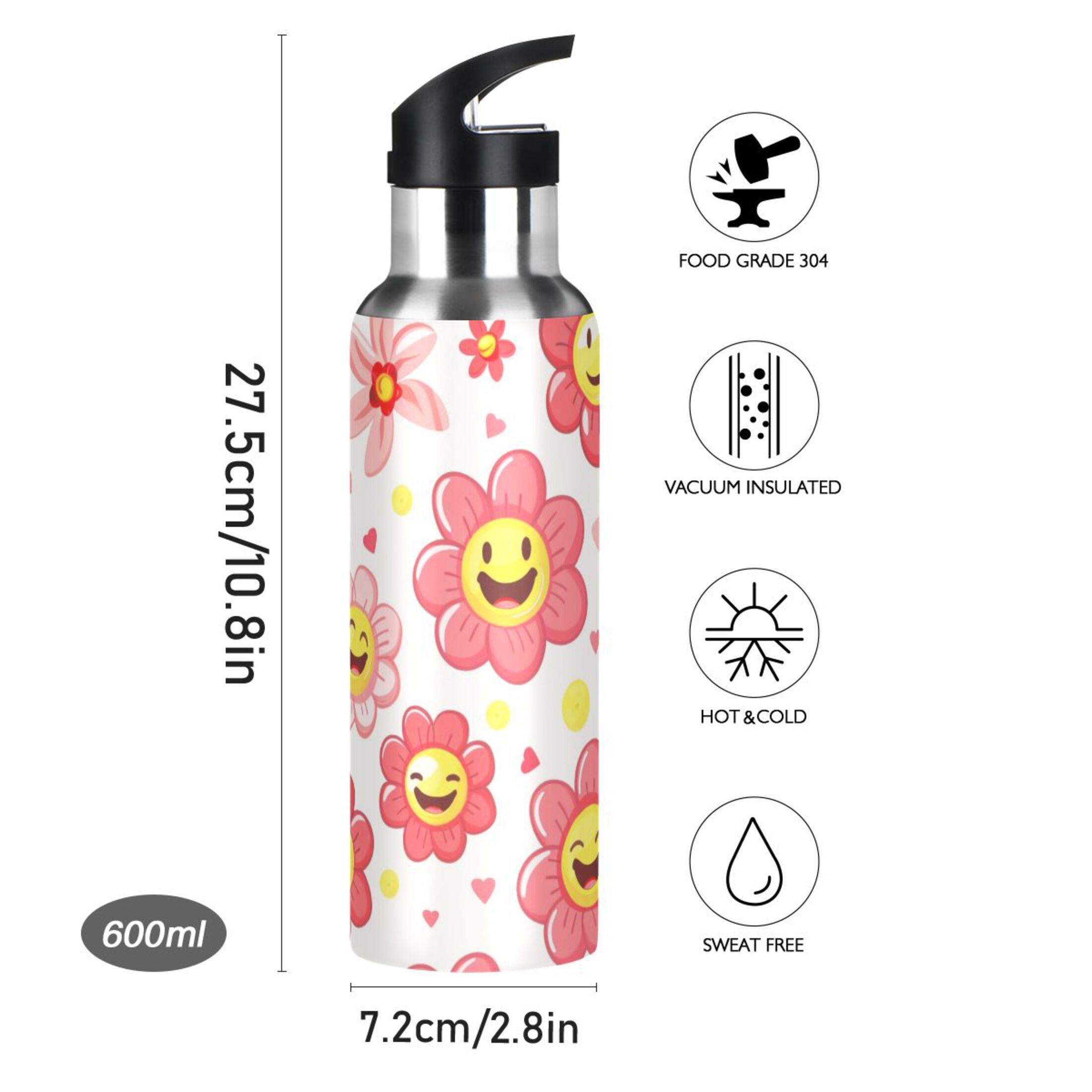 Pink Insulated Stainless Steel Water Bottle with Straw Lid 20 oz N8896