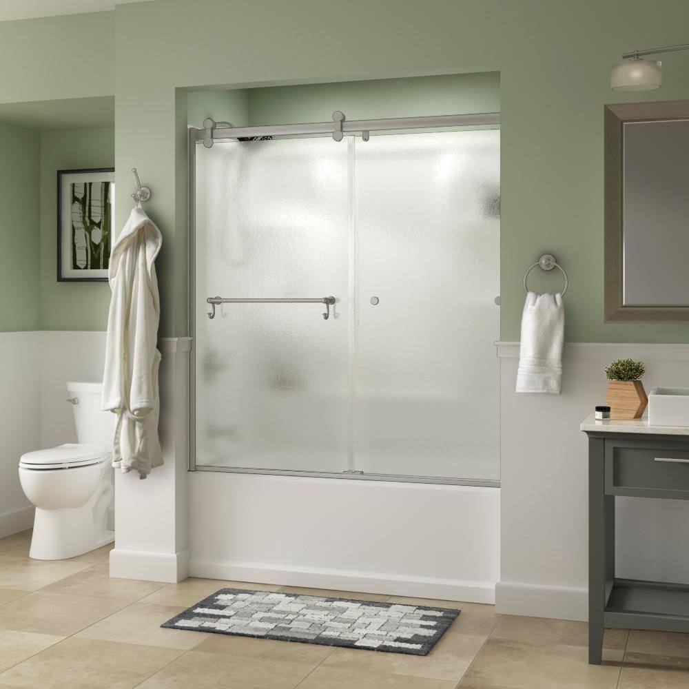 Frameless Sliding Bathtub Door in Nickel with Rain Glass W7273