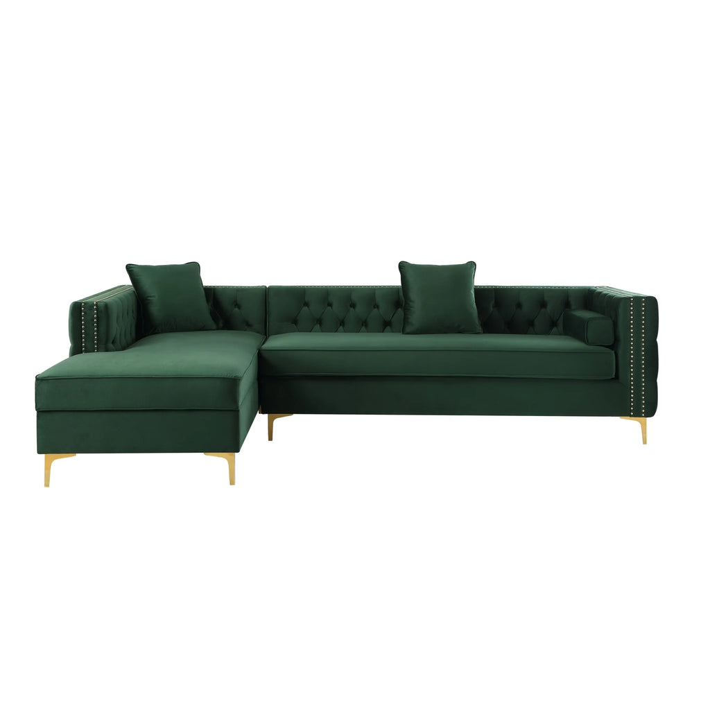 Hunter Green Velvet Chaise Sectional Sofa with Gold Nailhead Trim W831198