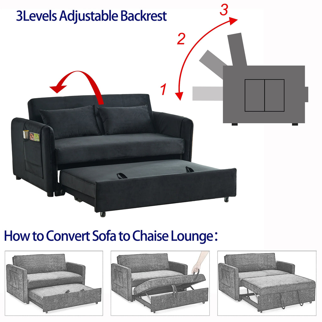 Black Velvet Sleeper Sofa Bed Convertible Pull Out Loveseat X408053