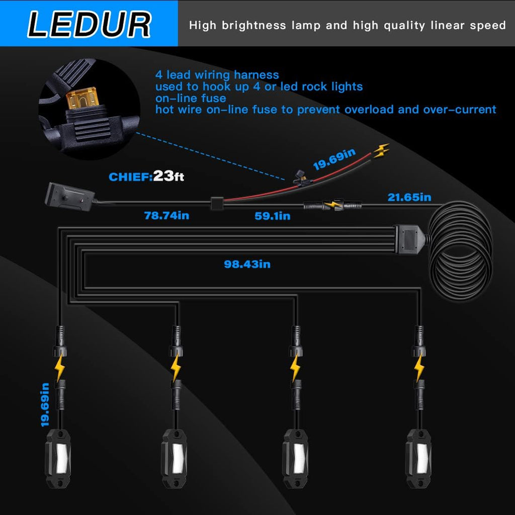 White LED Rock Lights 4 Pods with Switch Wire Harness M901