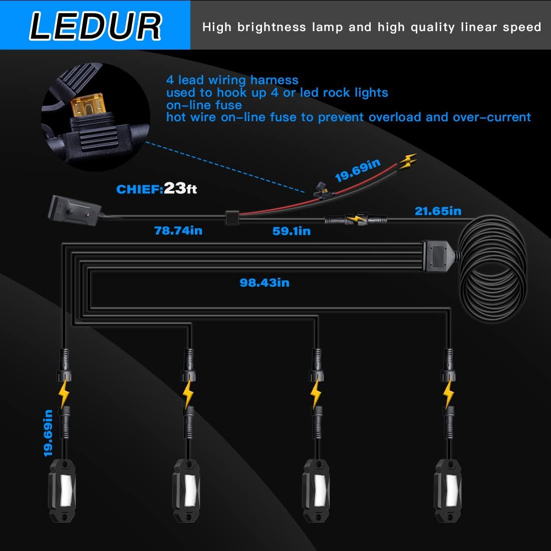 White LED Rock Lights 4 Pods with Switch Wire Harness M901