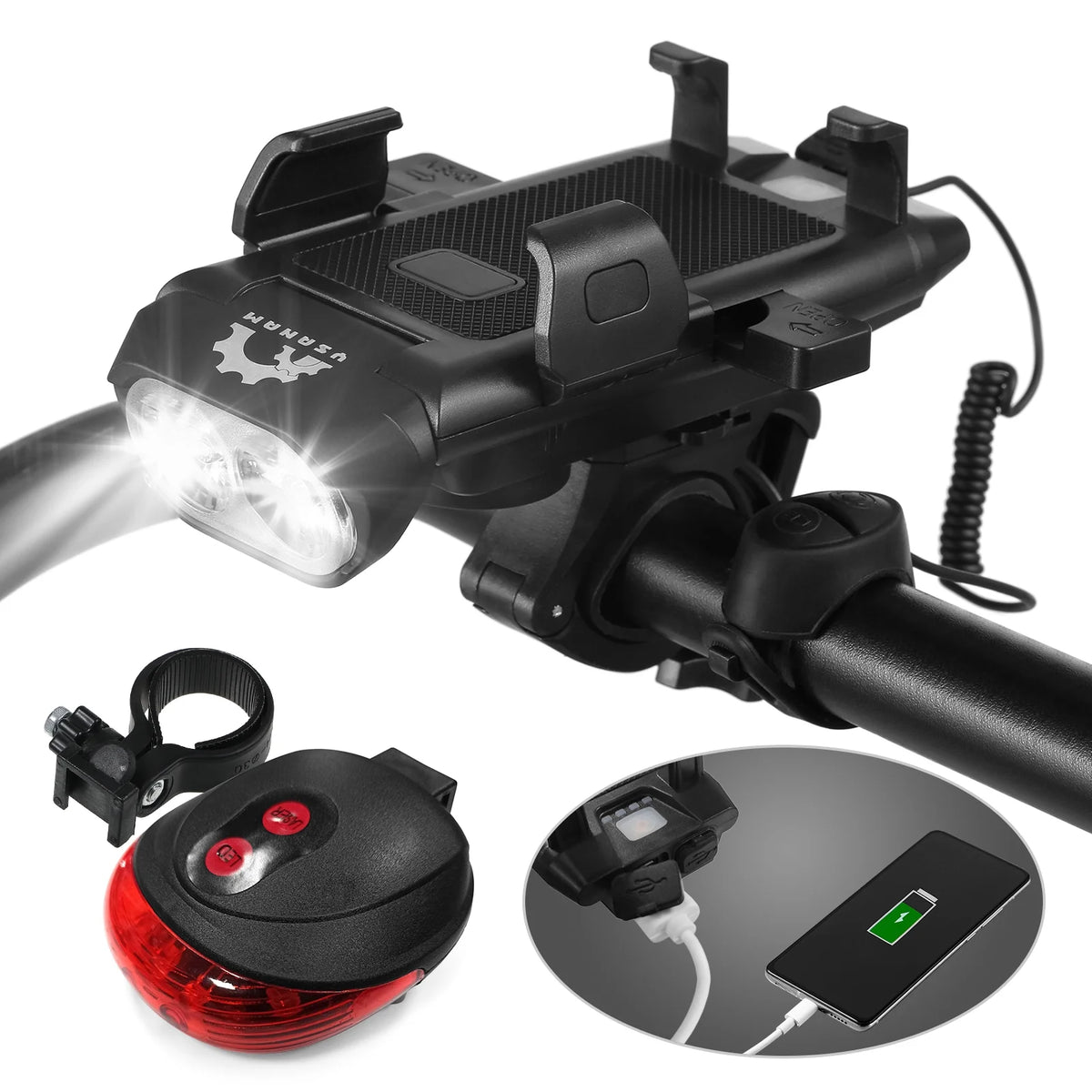Front and Rear 4 in 1 USB Rechargeable Waterproof Headlight with Phone Holder Horn U365420