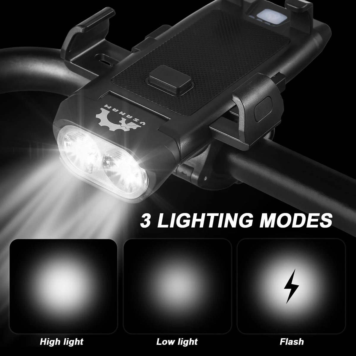 Front and Rear 4 in 1 USB Rechargeable Waterproof Headlight with Phone Holder Horn U365420