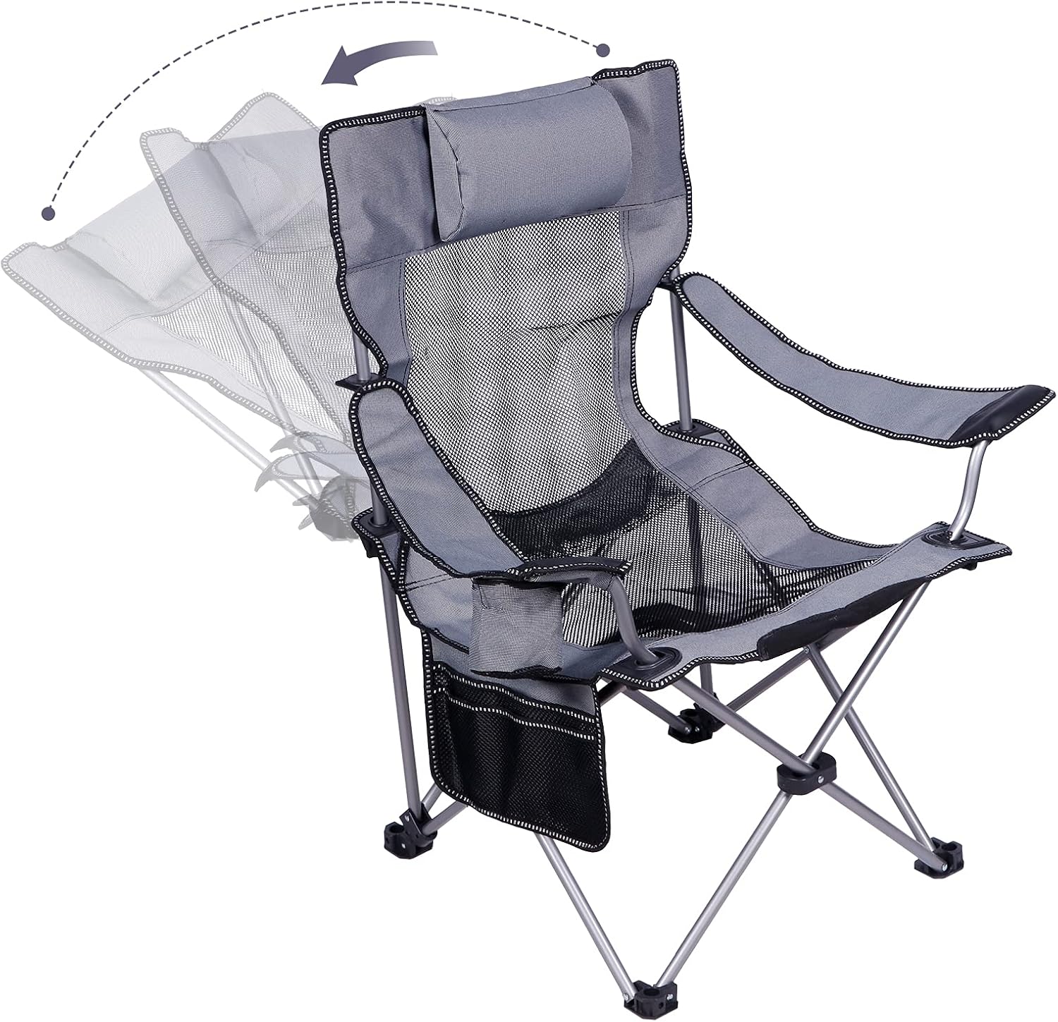 Green Folding Recliner Camping Chair with Headrest Cup Holders Side Pocket Z786978
