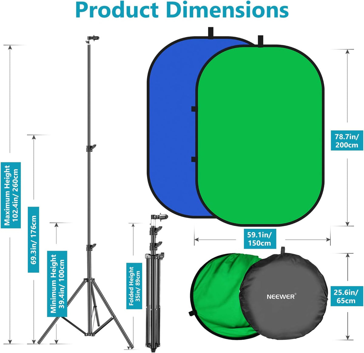 5x7ft Collapsible Chromakey Backdrop with Stand, 2-in-1 Reversible Green Screen Blue Background Panel L58824