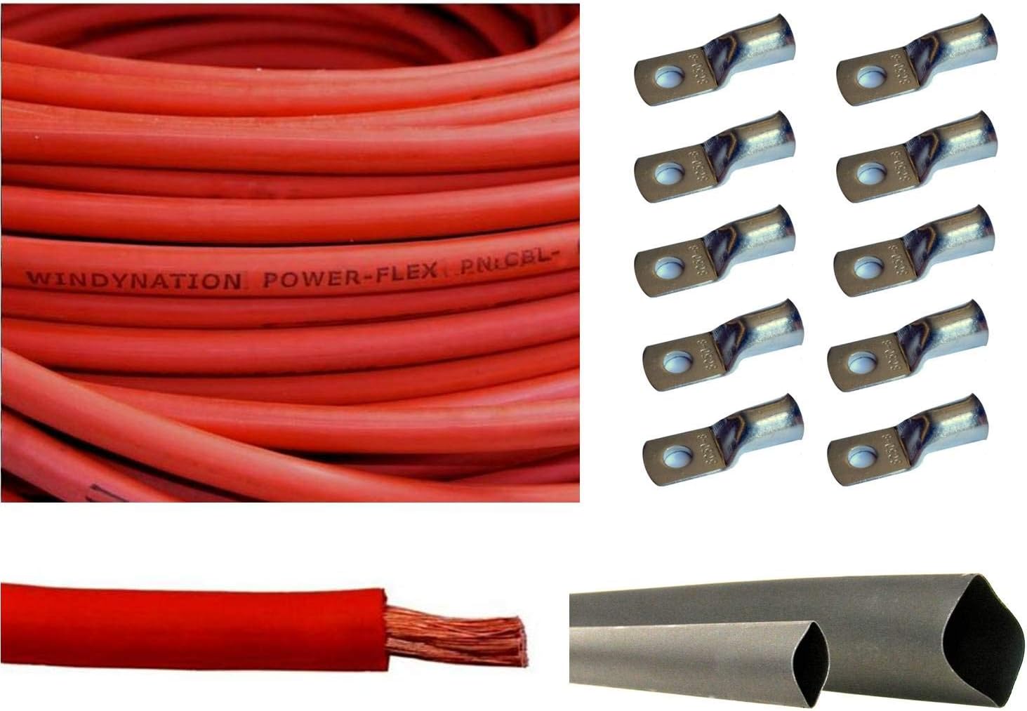 4/0 AWG 10 Feet Black + 10 Feet Red Pure Copper Ultra Flexible Cable + 5pcs 5/16 & 5pcs 3/8 Copper Cable Lug Terminal Connectors + 3 Feet Heat Shrink Tubing F614