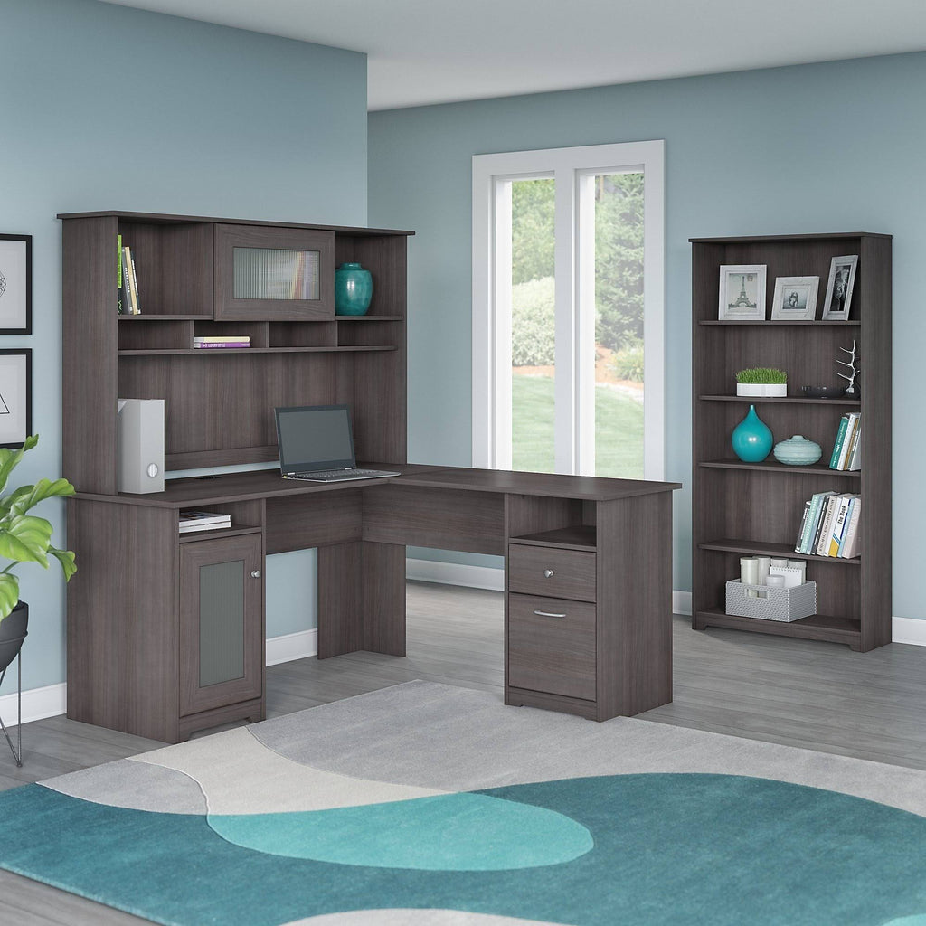 Heather Gray Metal L-Shaped Hutch Desk with 5-Shelf Bookcase M504151