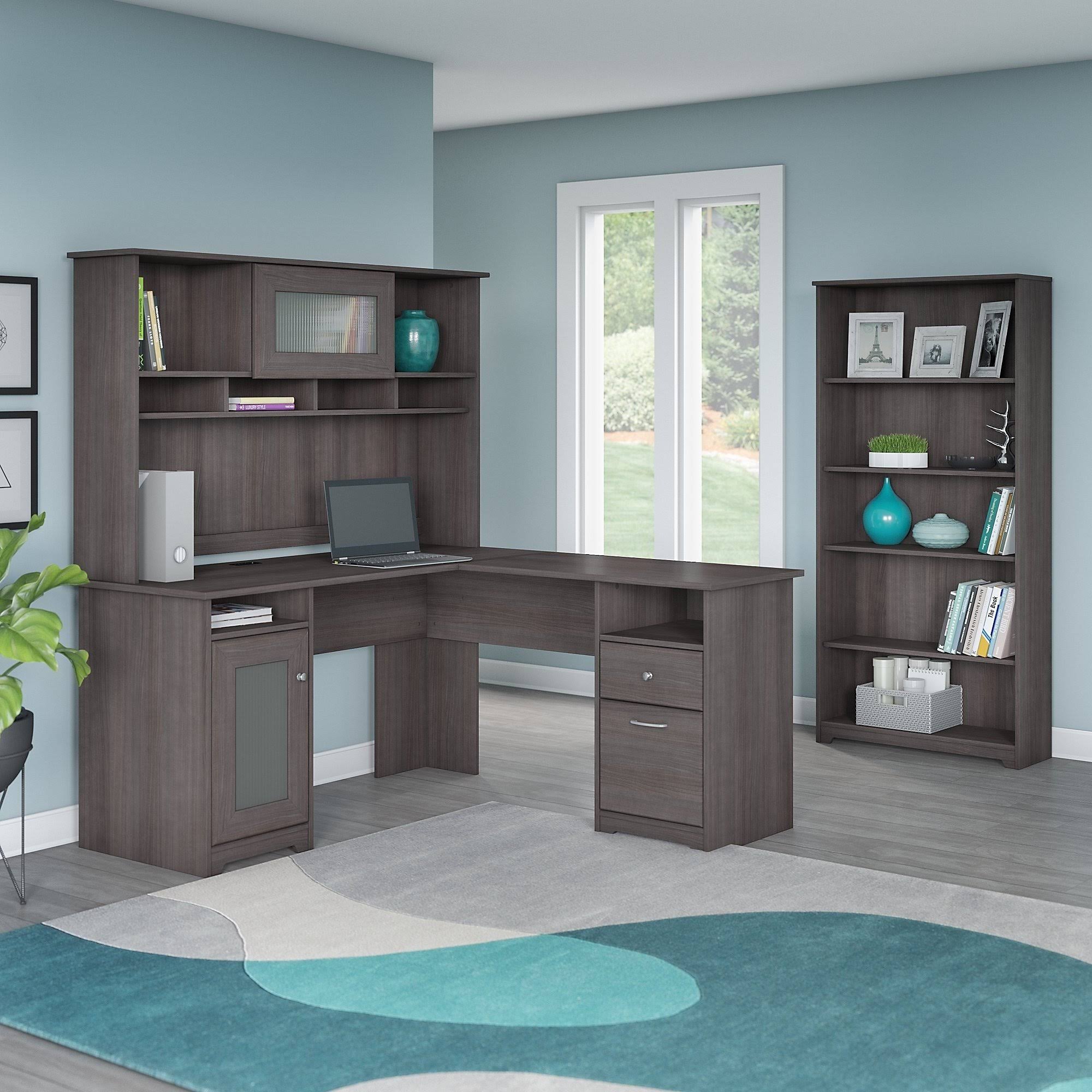 Heather Gray Metal L-Shaped Hutch Desk with 5-Shelf Bookcase M504151