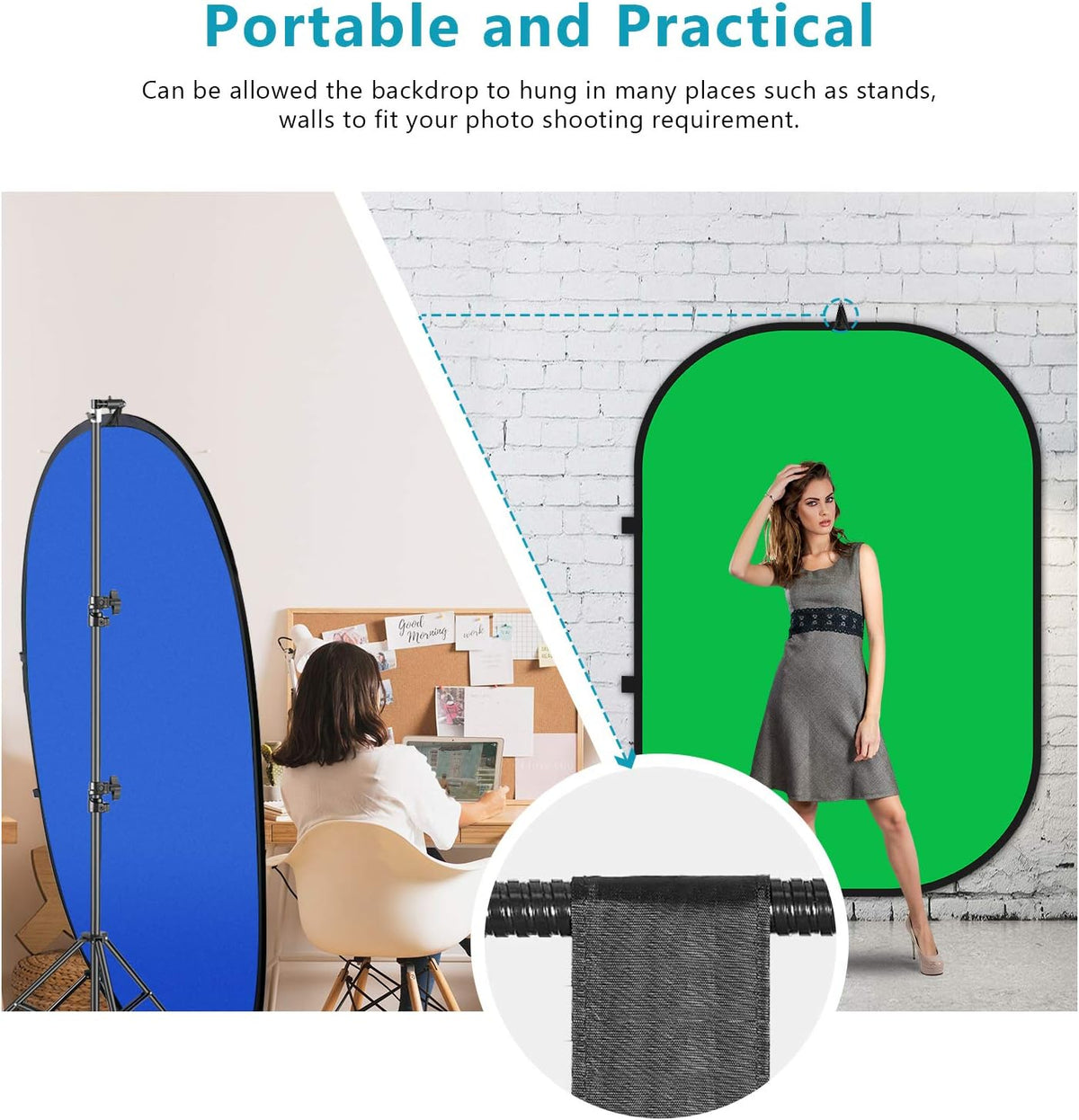 5x7ft Collapsible Chromakey Backdrop with Stand, 2-in-1 Reversible Green Screen Blue Background Panel L58824