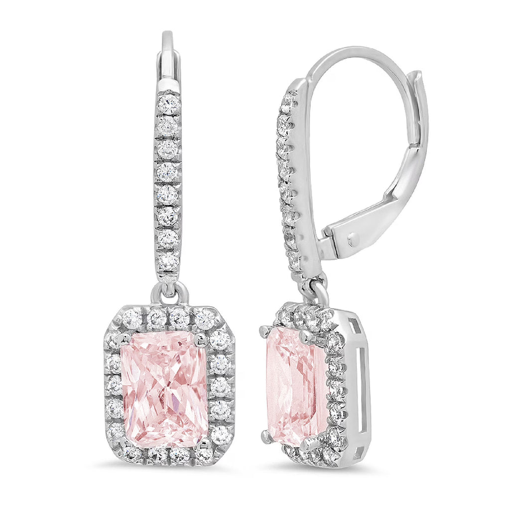 14K White Gold Emerald Cut Halo Drop Dangle Earrings Z666605