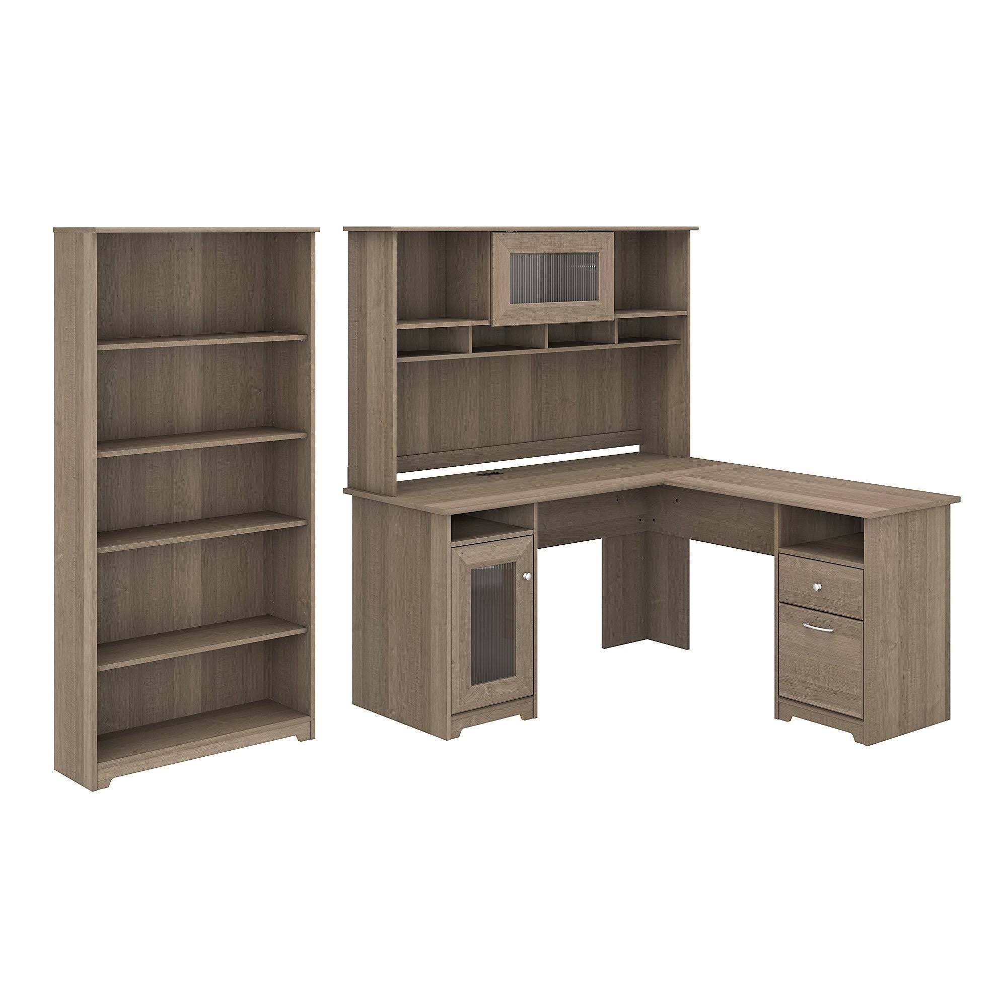 Heather Gray Metal L-Shaped Hutch Desk with 5-Shelf Bookcase M504151