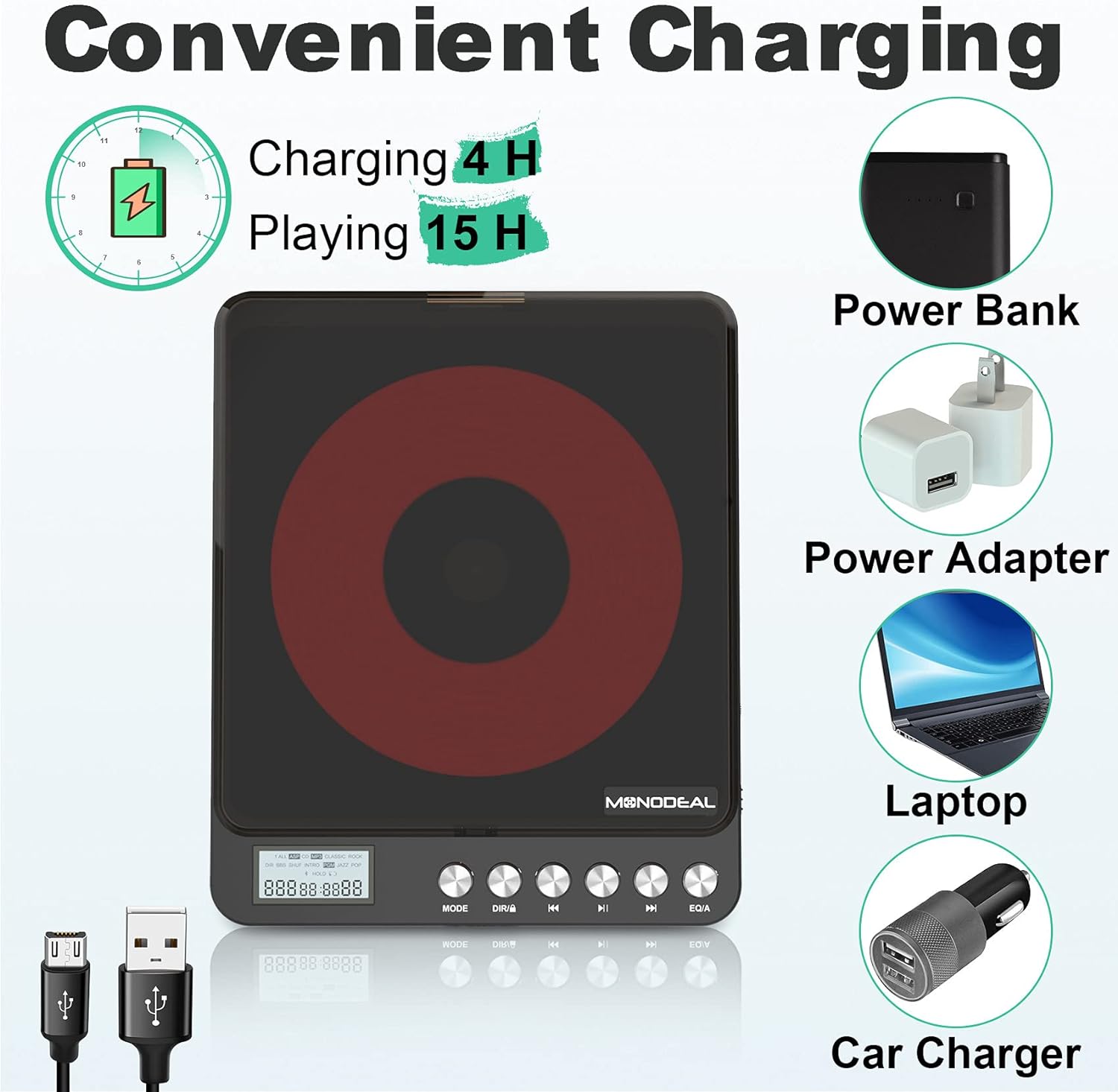 Portable CD Player with Built-in Speakers, Rechargeable, Dual Headphone Jacks, Black M771
