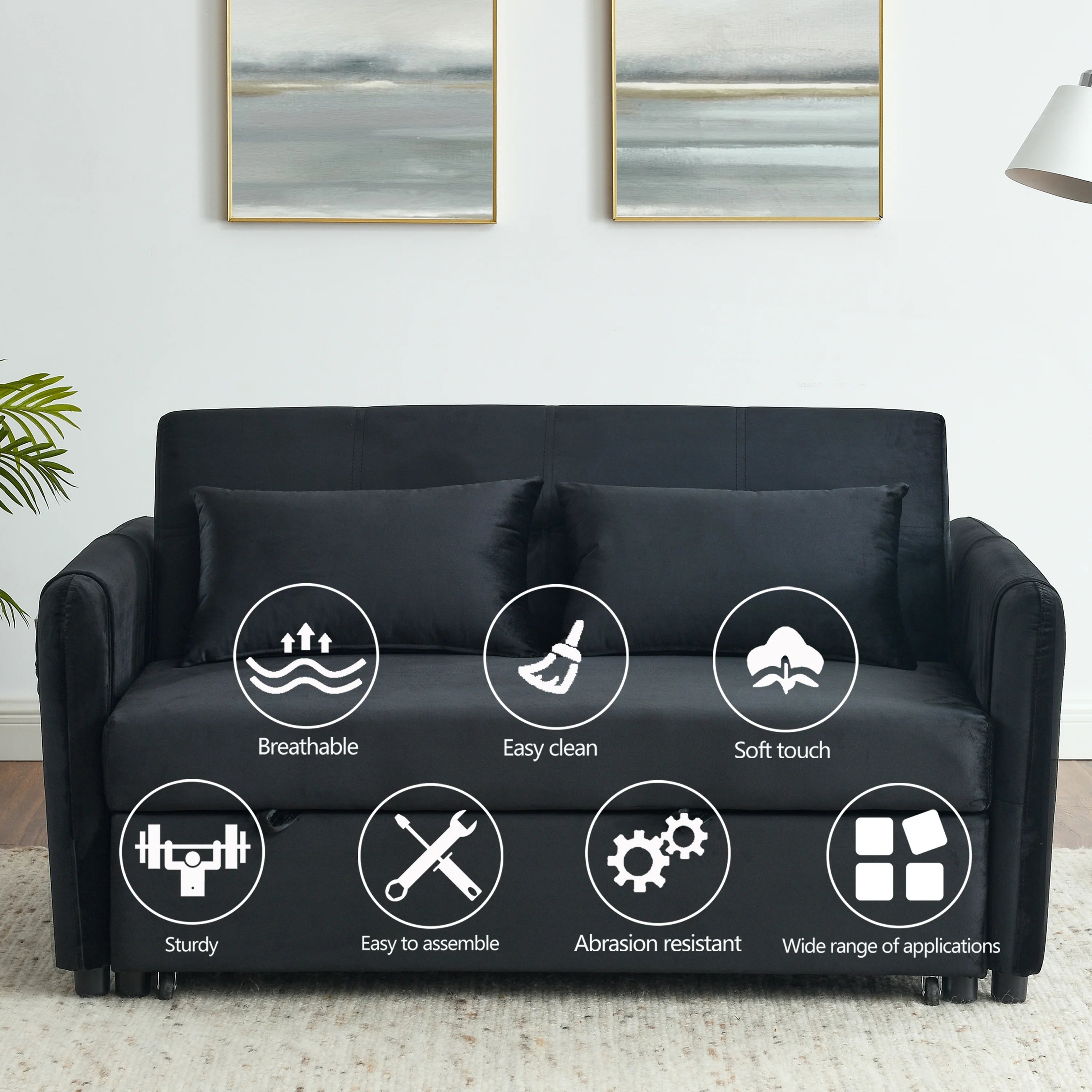 Black Velvet Sleeper Sofa Bed Convertible Pull Out Loveseat X408053