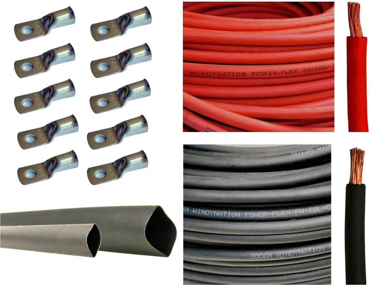 4/0 AWG 10 Feet Black + 10 Feet Red Pure Copper Ultra Flexible Cable + 5pcs 5/16 & 5pcs 3/8 Copper Cable Lug Terminal Connectors + 3 Feet Heat Shrink Tubing F614