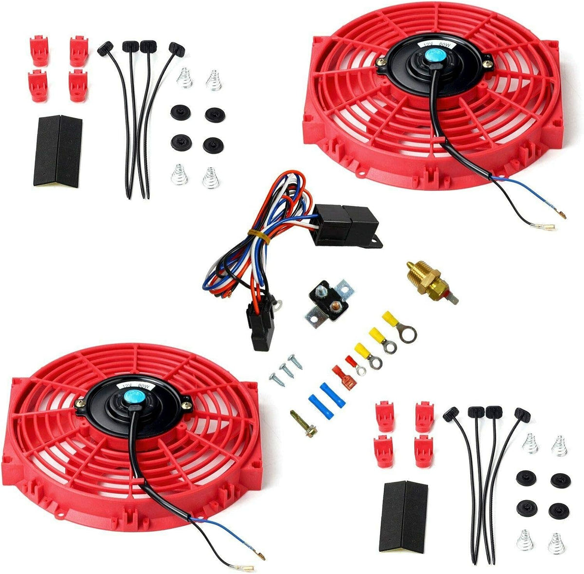 7" 12V Electric Radiator Cooling Fan with 3/8" Probe Thermostat Switch Kit Black (pack of 2) J753