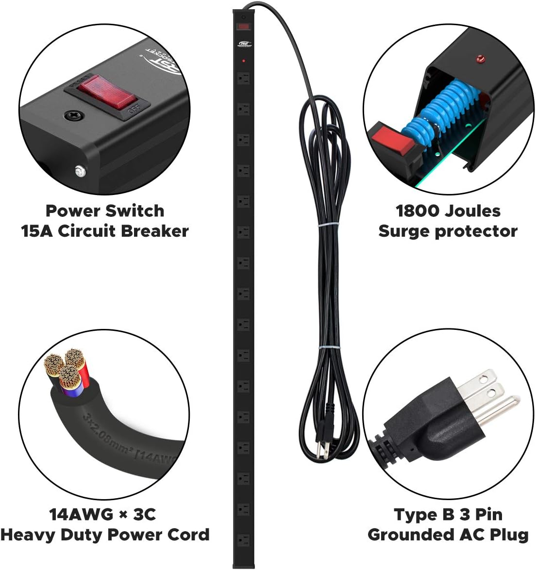 16-Outlet Surge Protector Power Strip with Circuit Breaker, 15 Feet, Pack of 2 B12286
