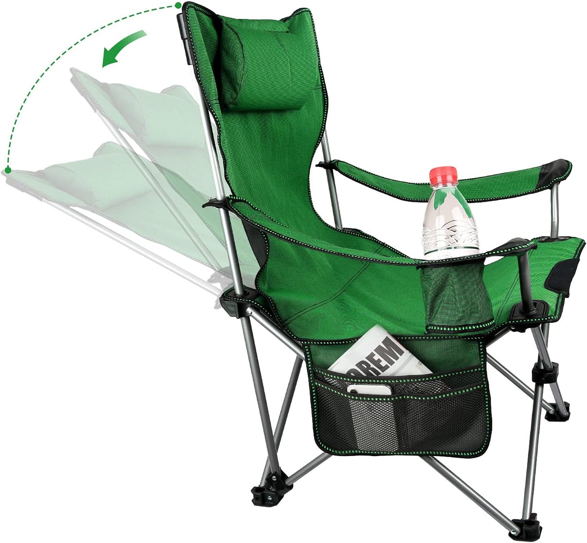 Green Folding Recliner Camping Chair with Headrest Cup Holders Side Pocket Z786978