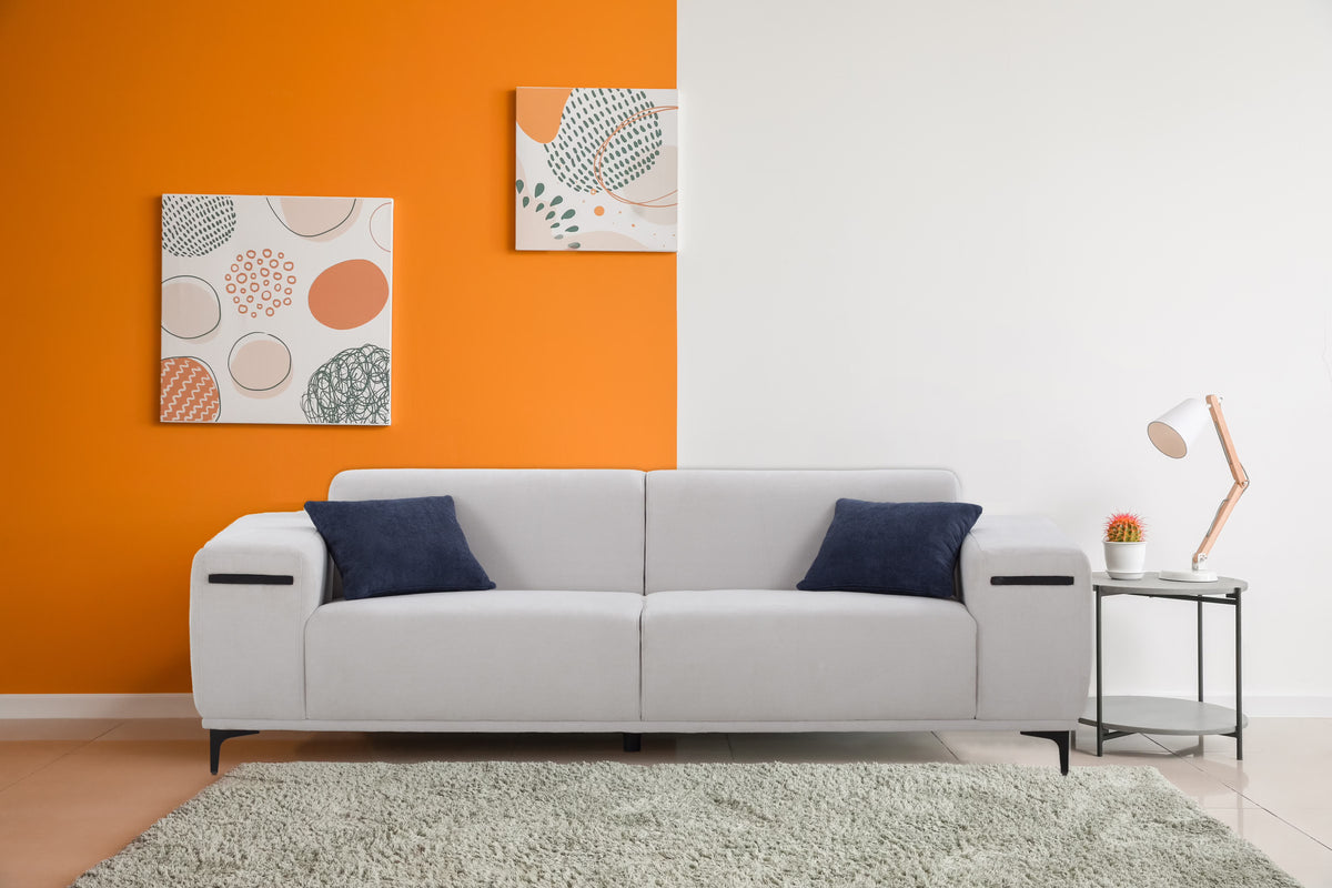 Beige 3 Seater Sofa with 2 Walnut Tray Tables T637