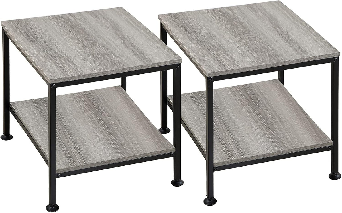20 Inch 2 Tiers Square End Table with Metal Frame, Rustic Grey Side Table J479