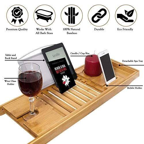 100% Natural Bamboo Bath Caddy with Wine Glass Holder O1436