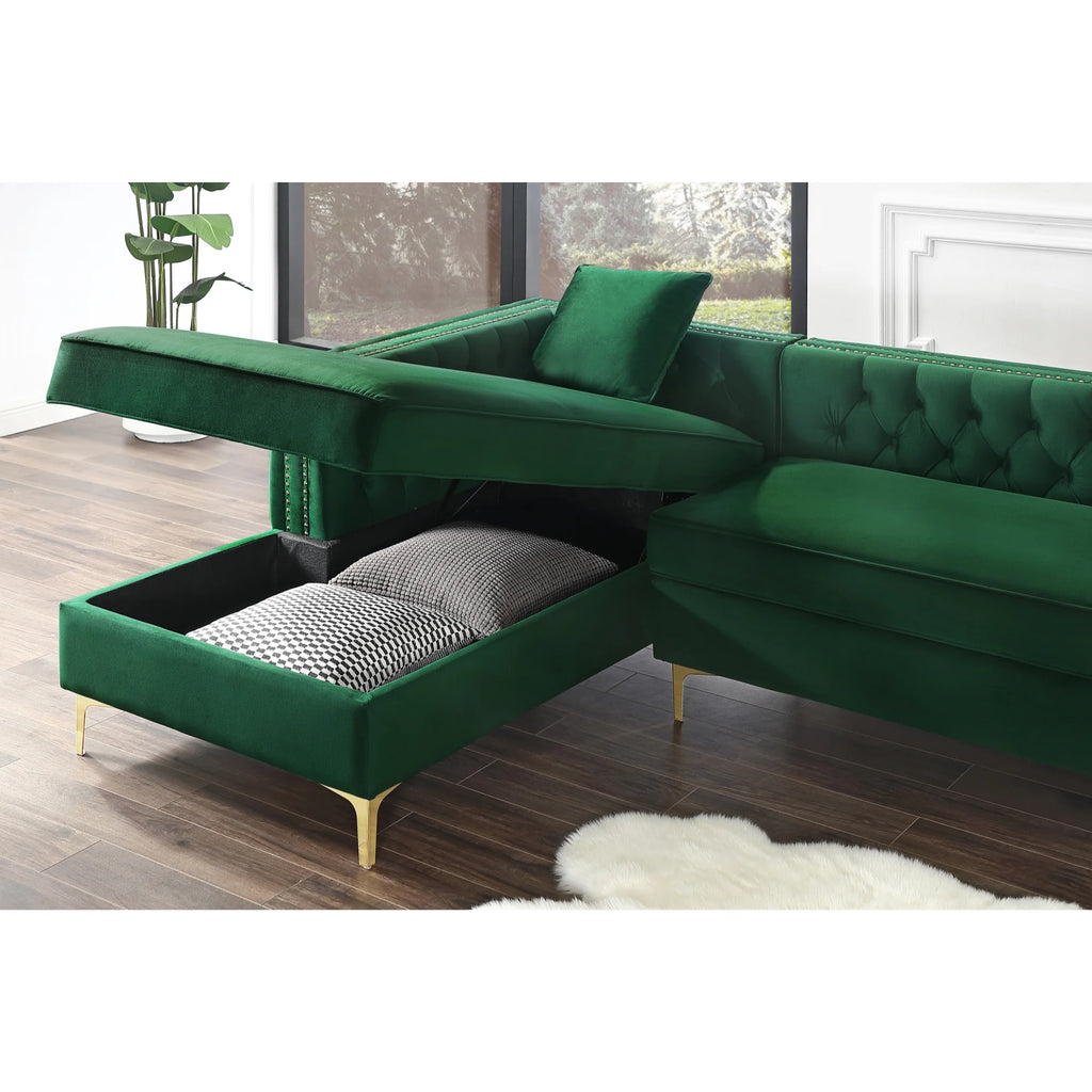 Hunter Green Velvet Chaise Sectional Sofa with Gold Nailhead Trim W831198