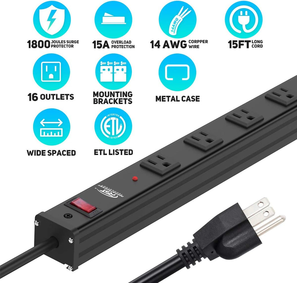 16-Outlet Surge Protector Power Strip with Circuit Breaker, 15 Feet, Pack of 2 B12286