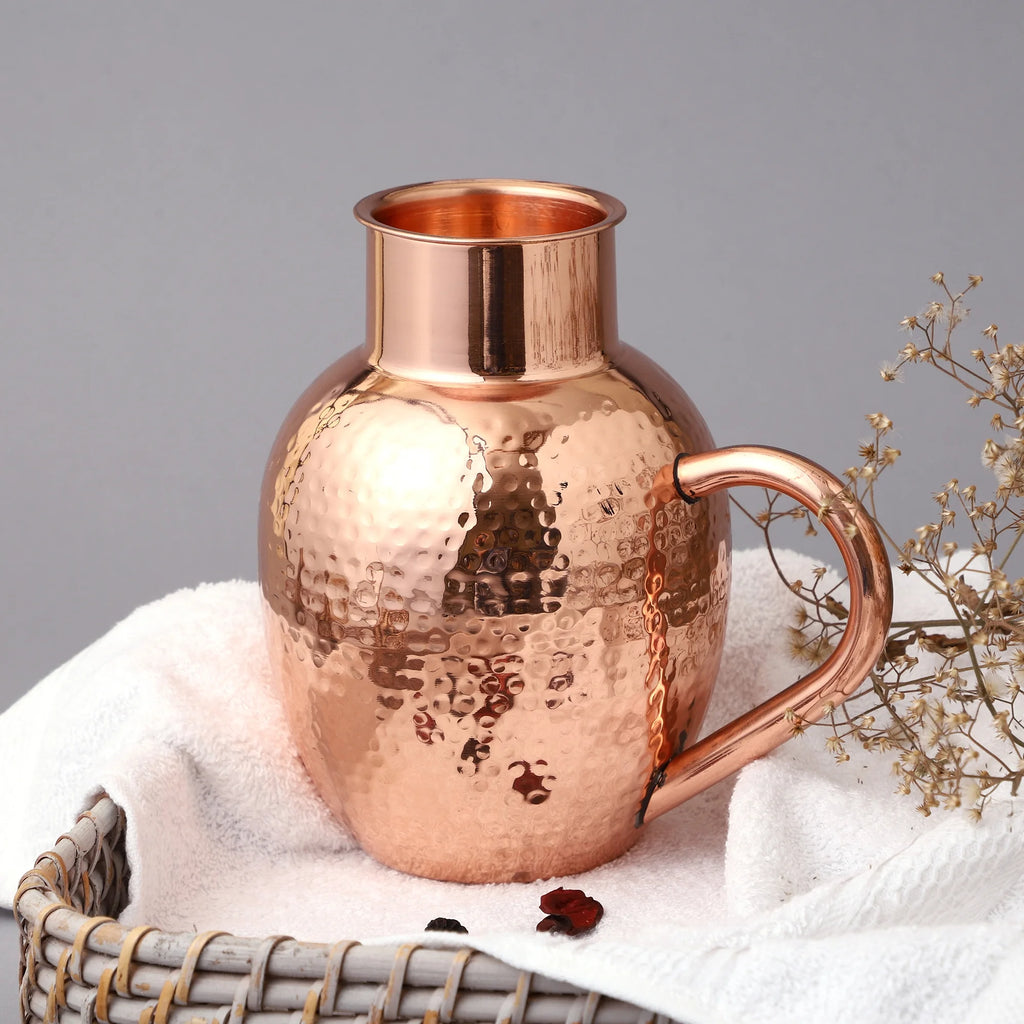 Copper Pitcher with Bowl, Hammered Jug, 50.7 US Fl Oz (1.5 Lt.) T4067