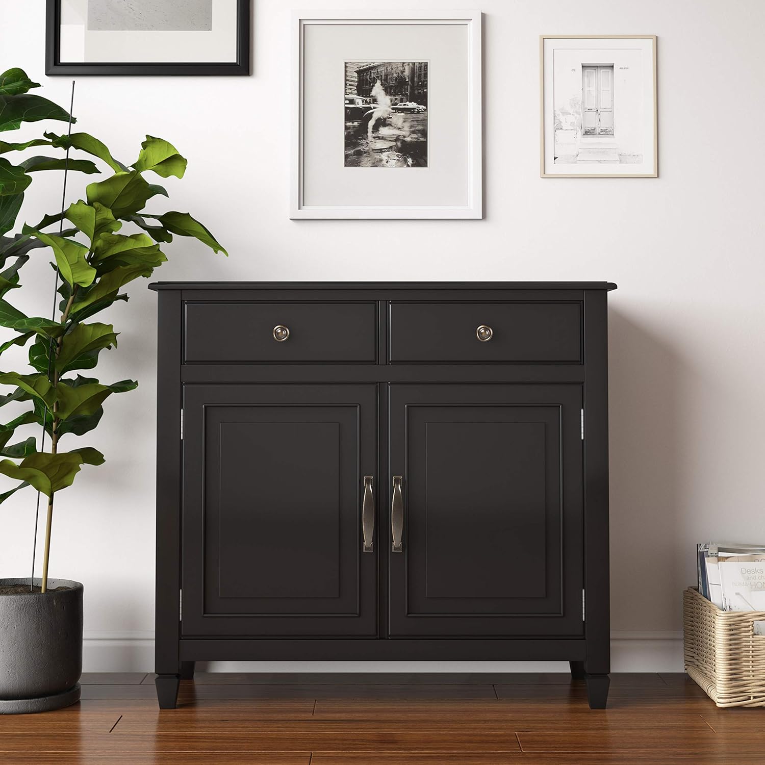 Distressed Grey Solid Wood Entryway Storage Cabinet with 2 Drawers, 2 Doors, Adjustable Shelves L4553