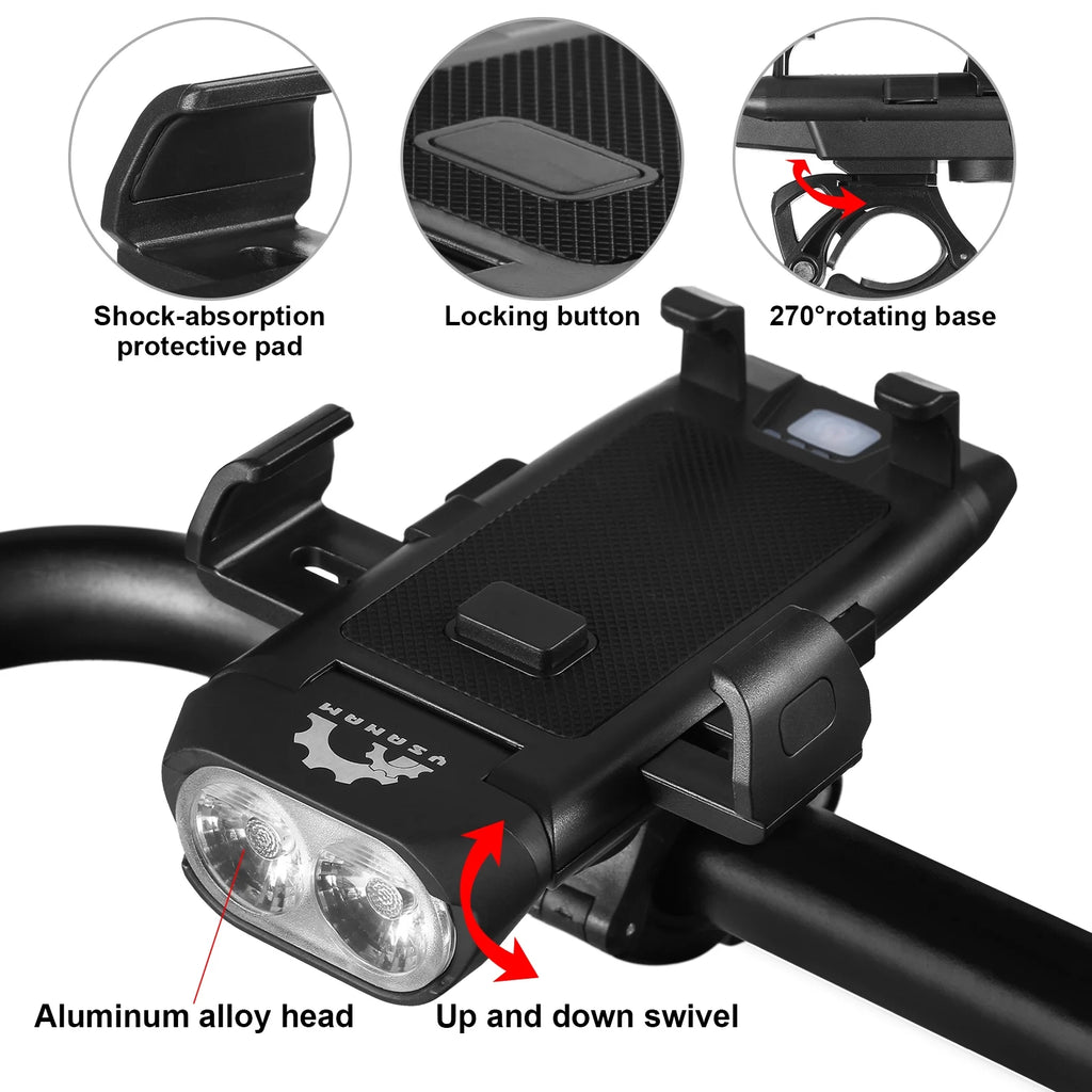 Front and Rear 4 in 1 USB Rechargeable Waterproof Headlight with Phone Holder Horn U365420