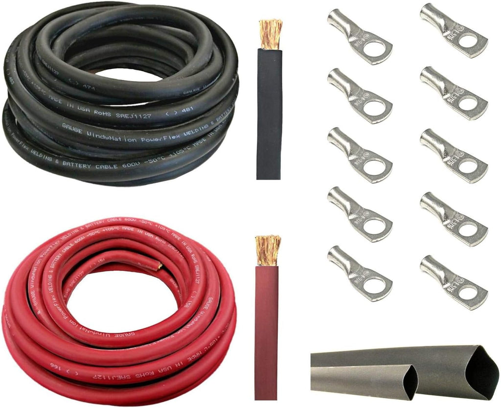 4/0 AWG 10 Feet Black + 10 Feet Red Pure Copper Ultra Flexible Cable + 5pcs 5/16 & 5pcs 3/8 Copper Cable Lug Terminal Connectors + 3 Feet Heat Shrink Tubing F614