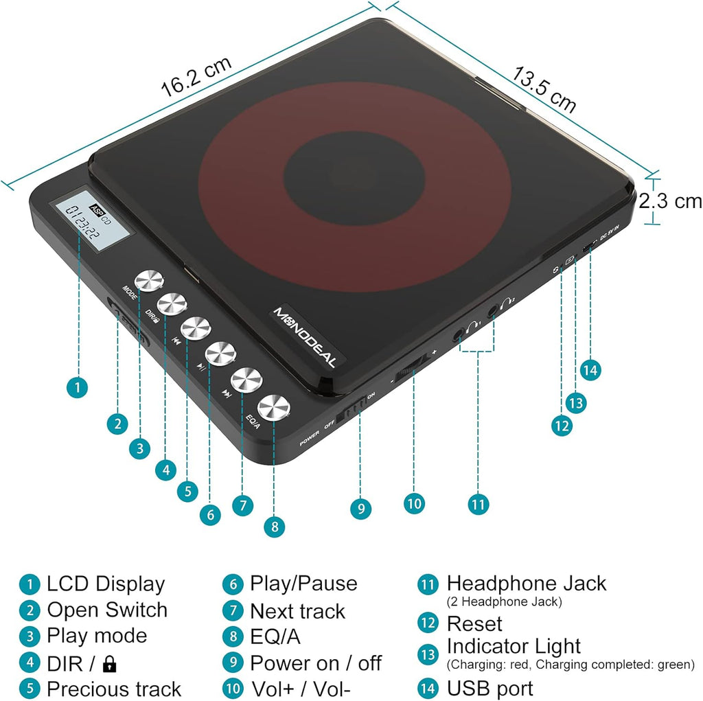 Portable CD Player with Built-in Speakers, Rechargeable, Dual Headphone Jacks, Black M771