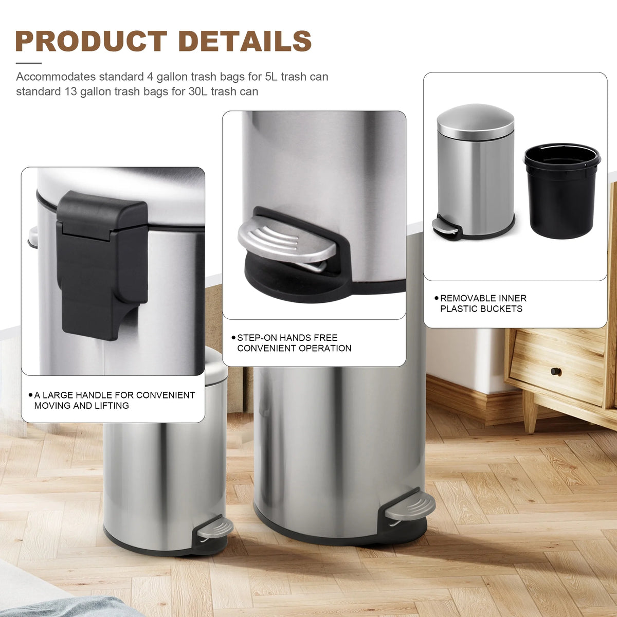 Stainless Steel Step On Trash Can Combo L8228