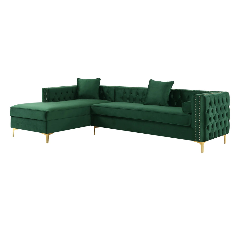 Hunter Green Velvet Chaise Sectional Sofa with Gold Nailhead Trim W831198