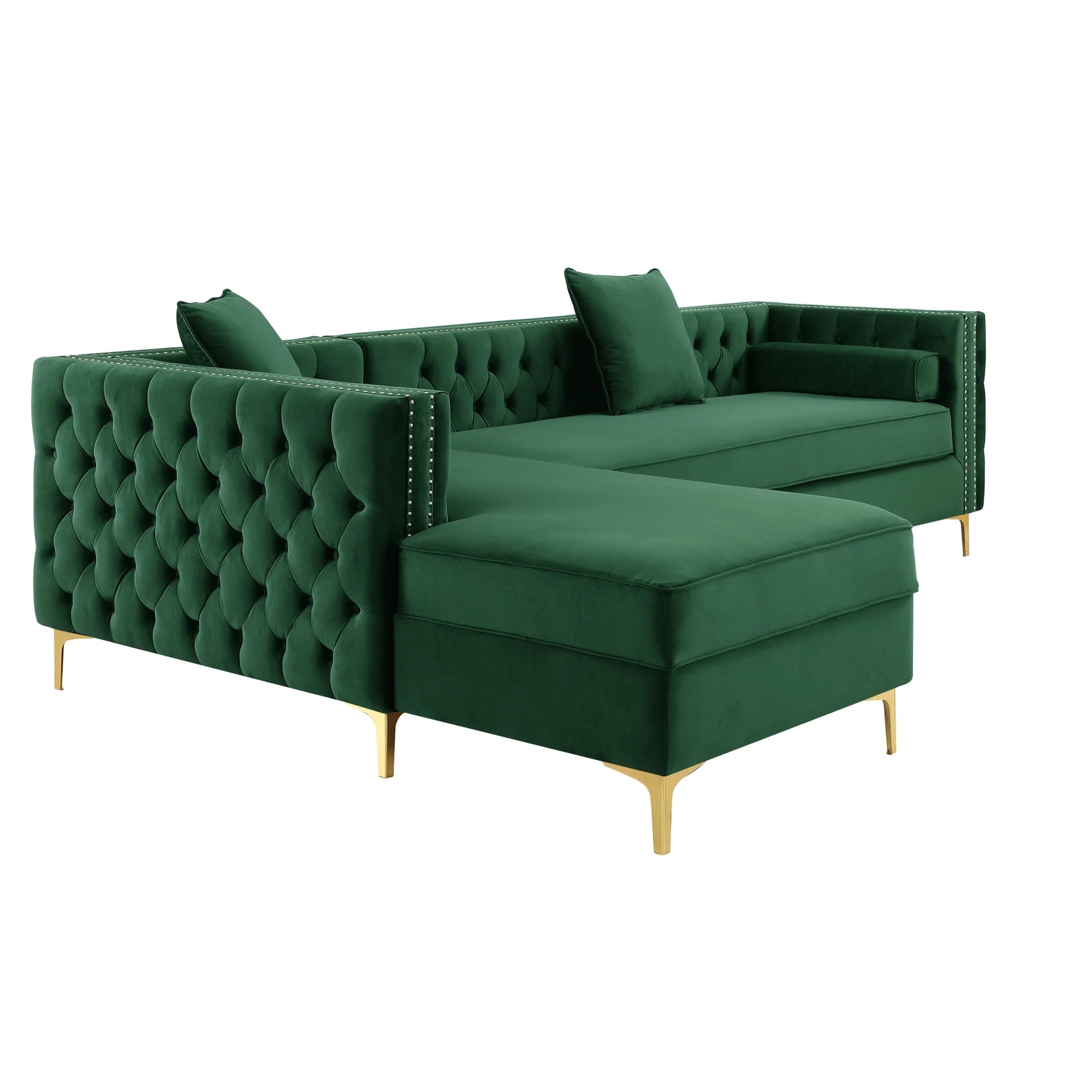 Hunter Green Velvet Chaise Sectional Sofa with Gold Nailhead Trim W831198