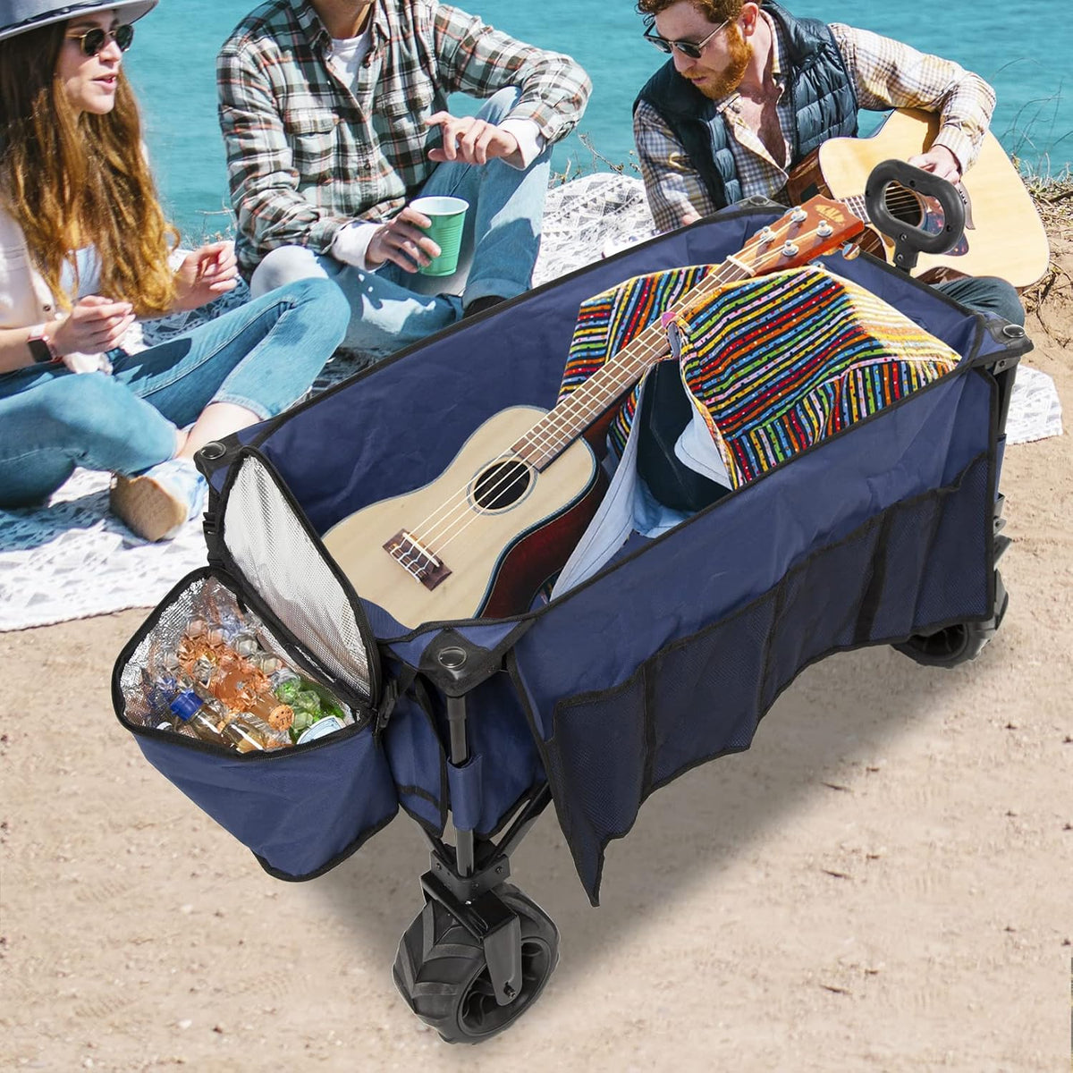 Black Collapsible Outdoor Utility Wagon with Cooler Bag O734670