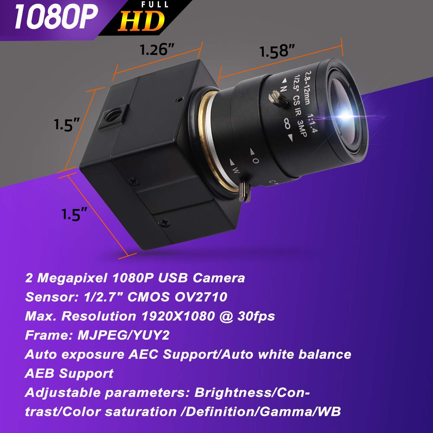 2.8-12mm Varifocal Lens USB Camera 1080P CS Mount 2MP Web Camera Pack of 2 M518
