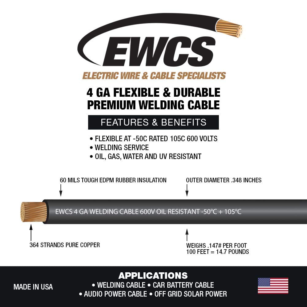 4 Gauge Extra Flexible Welding Cable 600 Volt Black 25 Feet Pack of 2 L826006