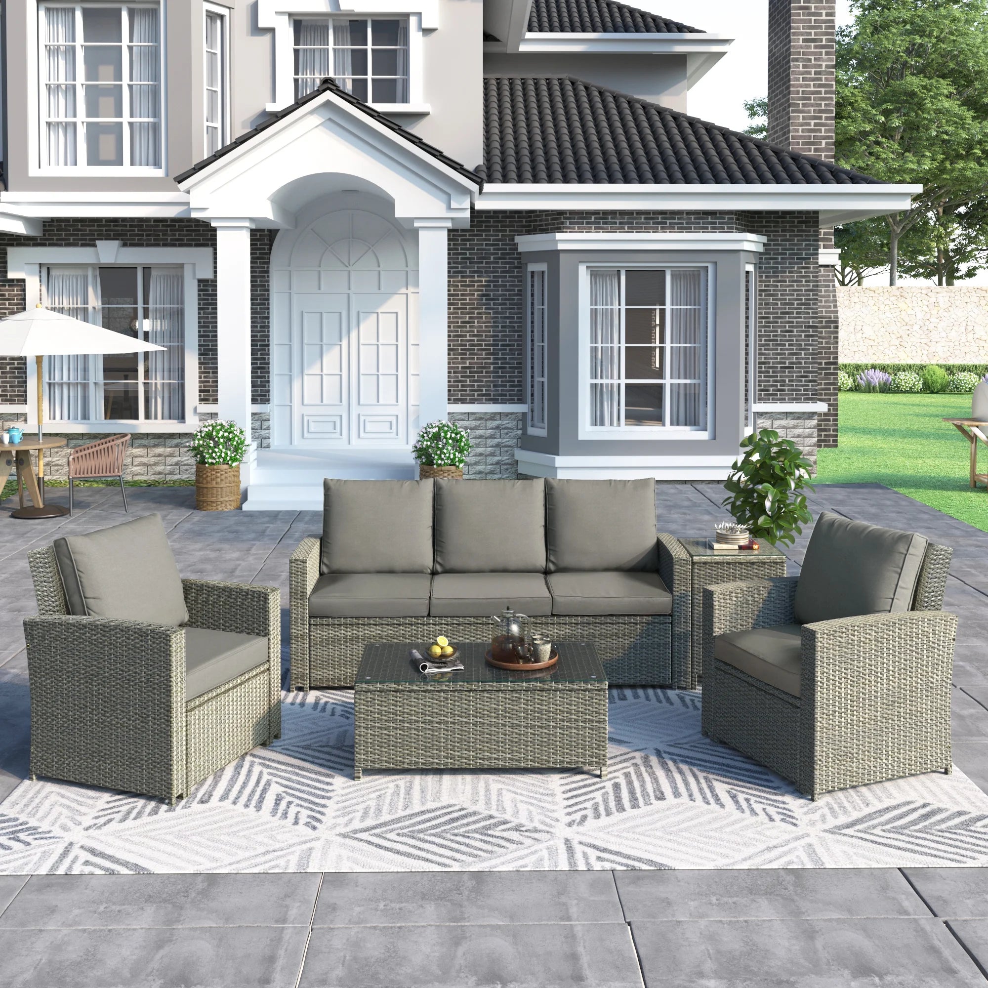 5 Piece Rattan Sectional Seating Group with Cushions and Table M89064