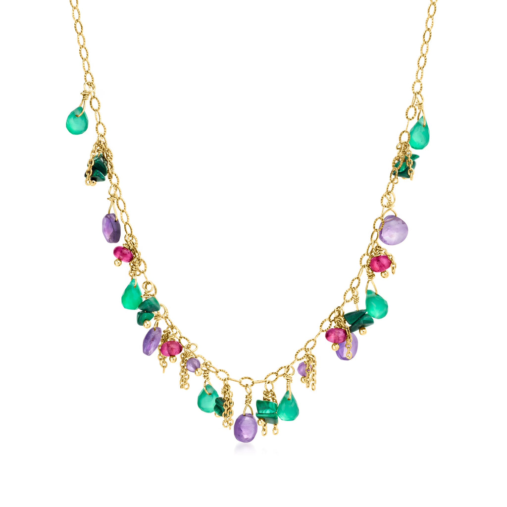 Multi-Gemstone Bead Drop Necklace in 24kt Gold Over Sterling E184552