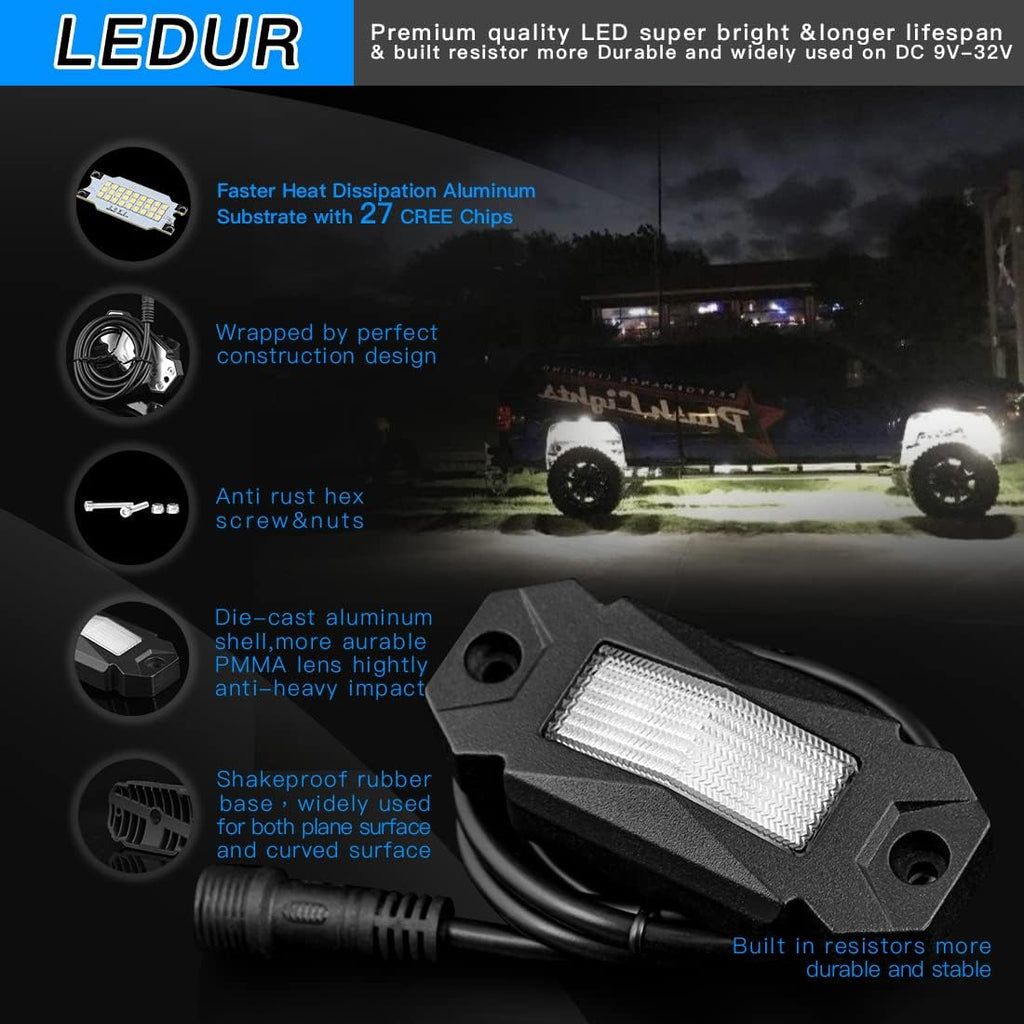 White LED Rock Lights 4 Pods with Switch Wire Harness M901