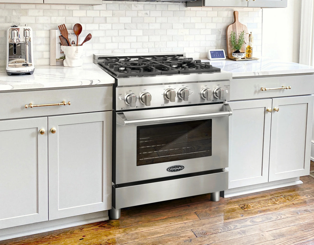 5 Piece Kitchen Appliance Package with Gas Range, Range Hood, Dishwasher, French Door Refrigerator & Wine Refrigerator R761