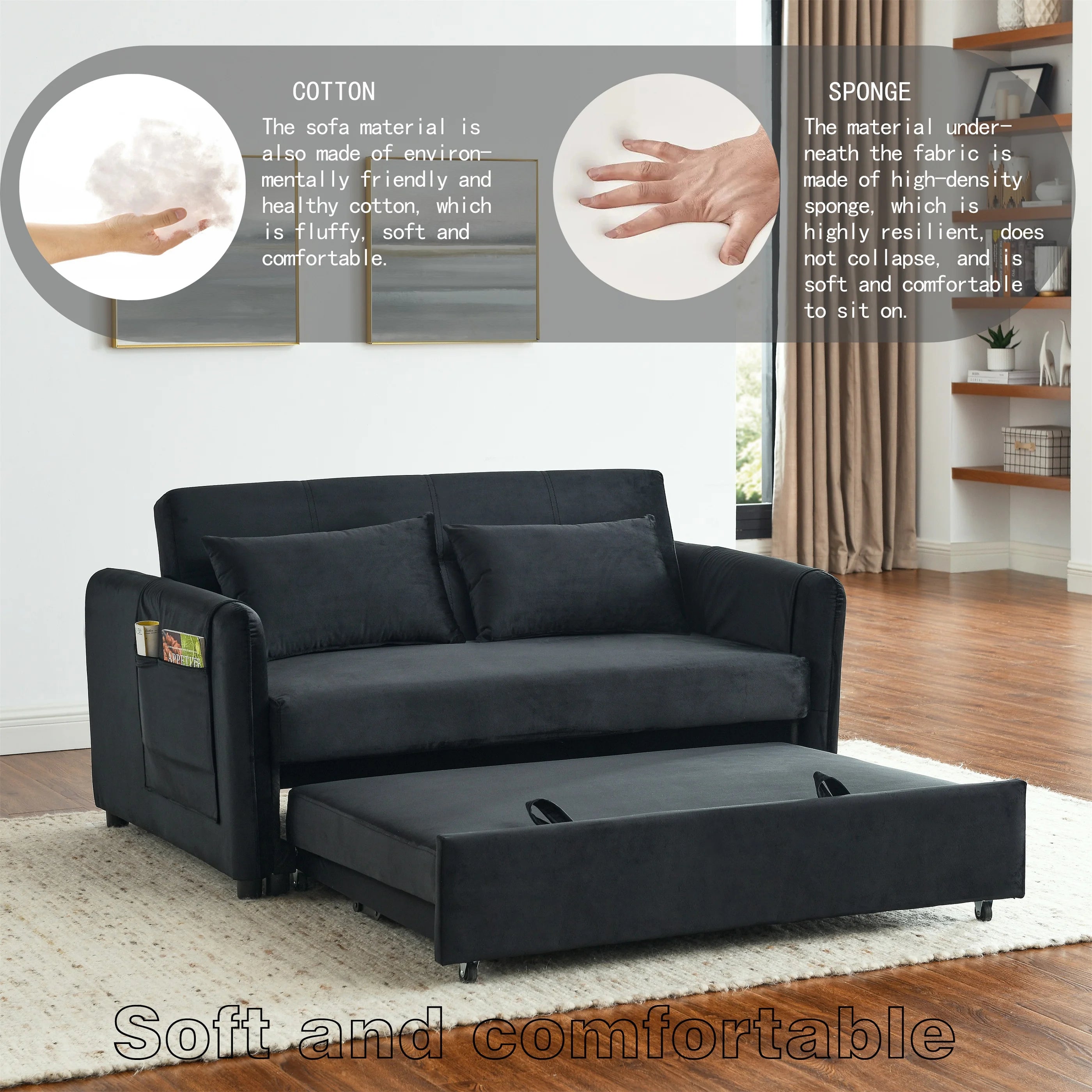 Black Velvet Sleeper Sofa Bed Convertible Pull Out Loveseat X408053