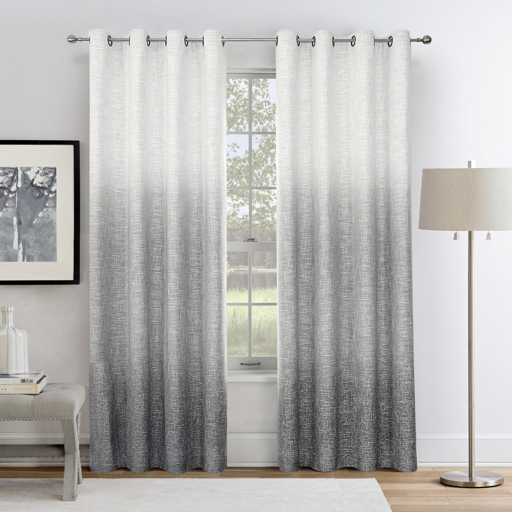 White Gray Ombre Full Blackout Curtains Linen Texture with Grommet, 50"x63"x2 R1264