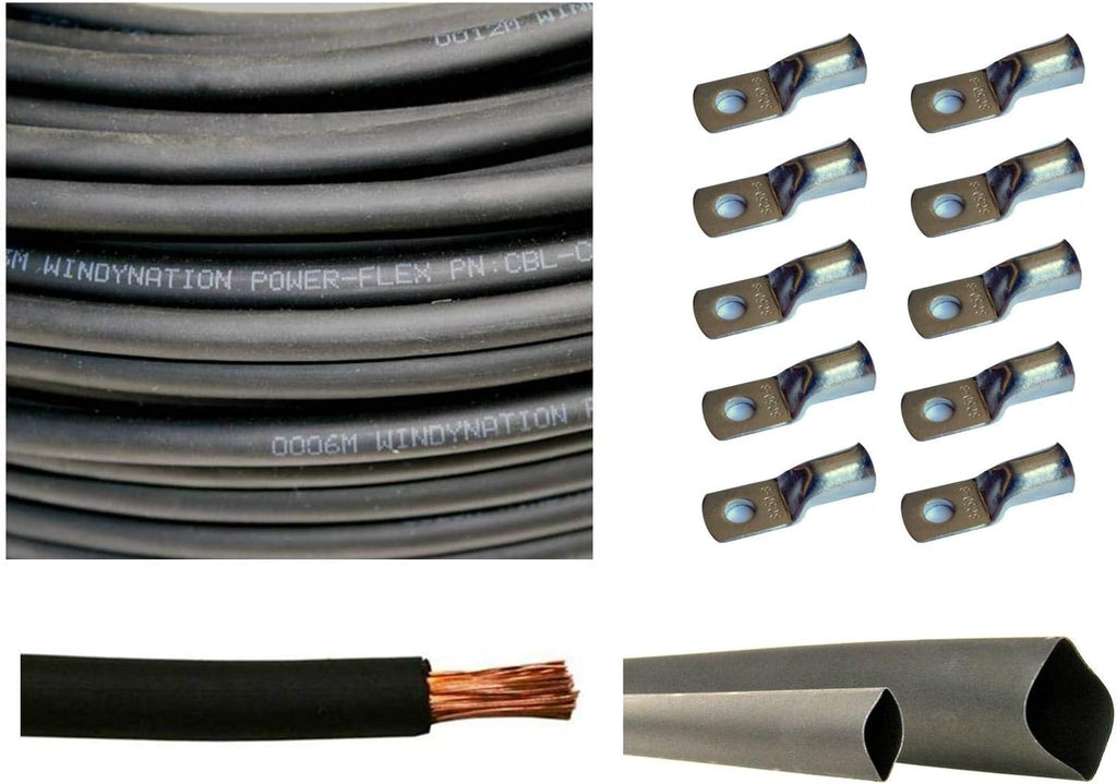 4/0 AWG 10 Feet Black + 10 Feet Red Pure Copper Ultra Flexible Cable + 5pcs 5/16 & 5pcs 3/8 Copper Cable Lug Terminal Connectors + 3 Feet Heat Shrink Tubing F614