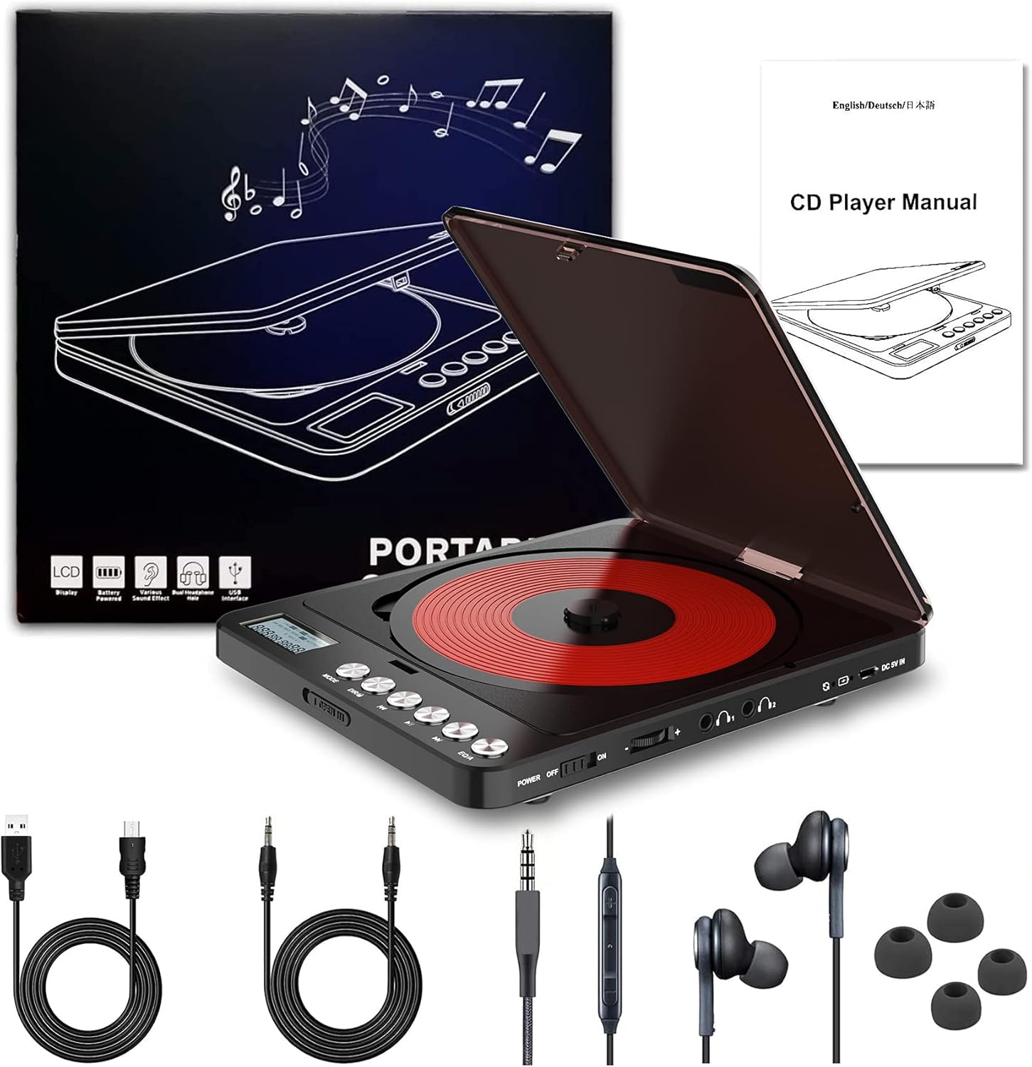 Portable CD Player with Built-in Speakers, Rechargeable, Dual Headphone Jacks, Black M771