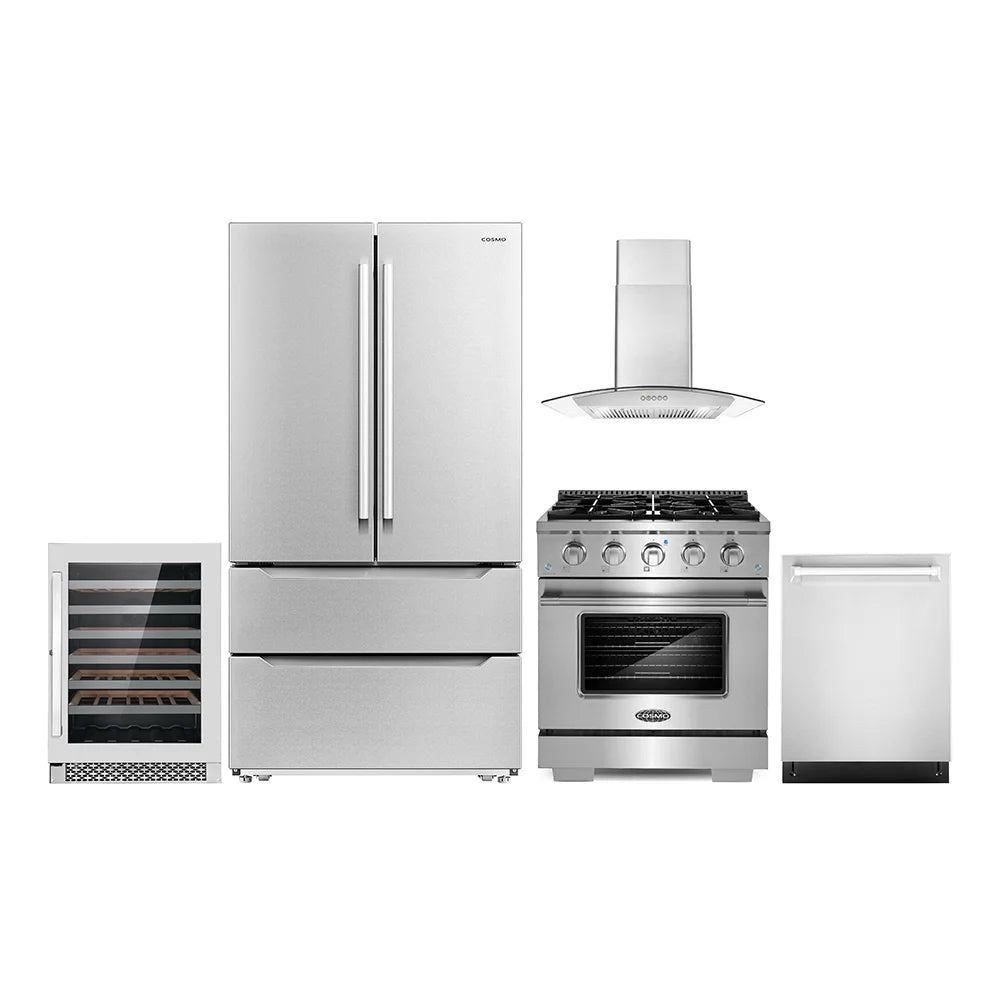 5 Piece Kitchen Appliance Package with Gas Range, Range Hood, Dishwasher, French Door Refrigerator & Wine Refrigerator R761