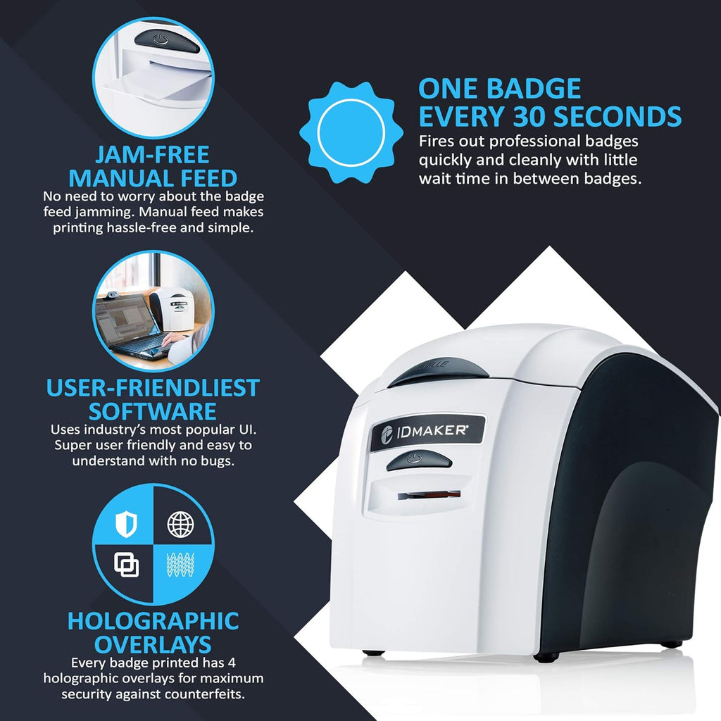 Card Printer Machine with IDMaker Software, Premium Camera, 100-Print Color Ribbon, 100 Blank PVC Cards G9701